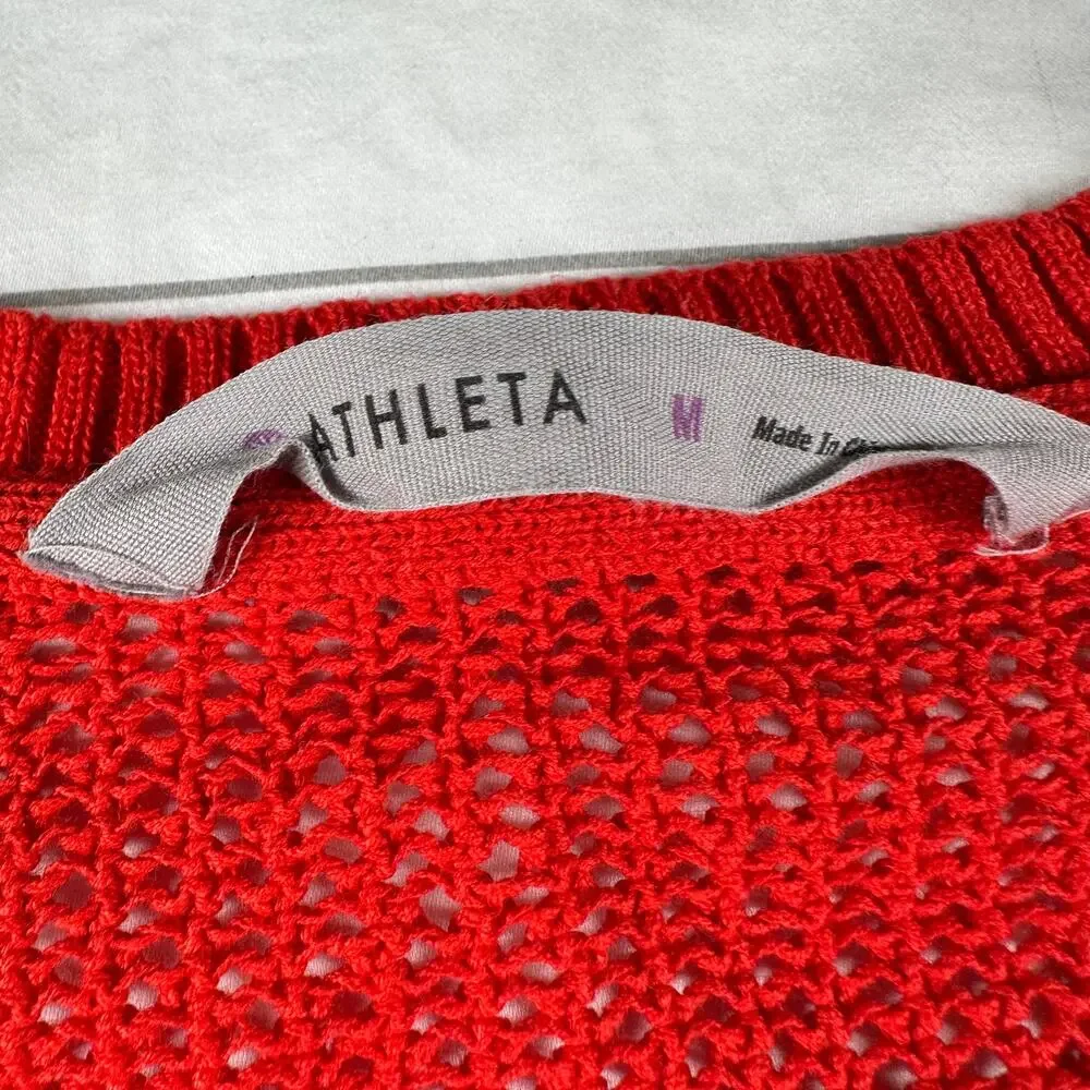 Athleta Sweater Womens Medium Red Mesh Open Knit Nylon Classic Stretch Crew Neck